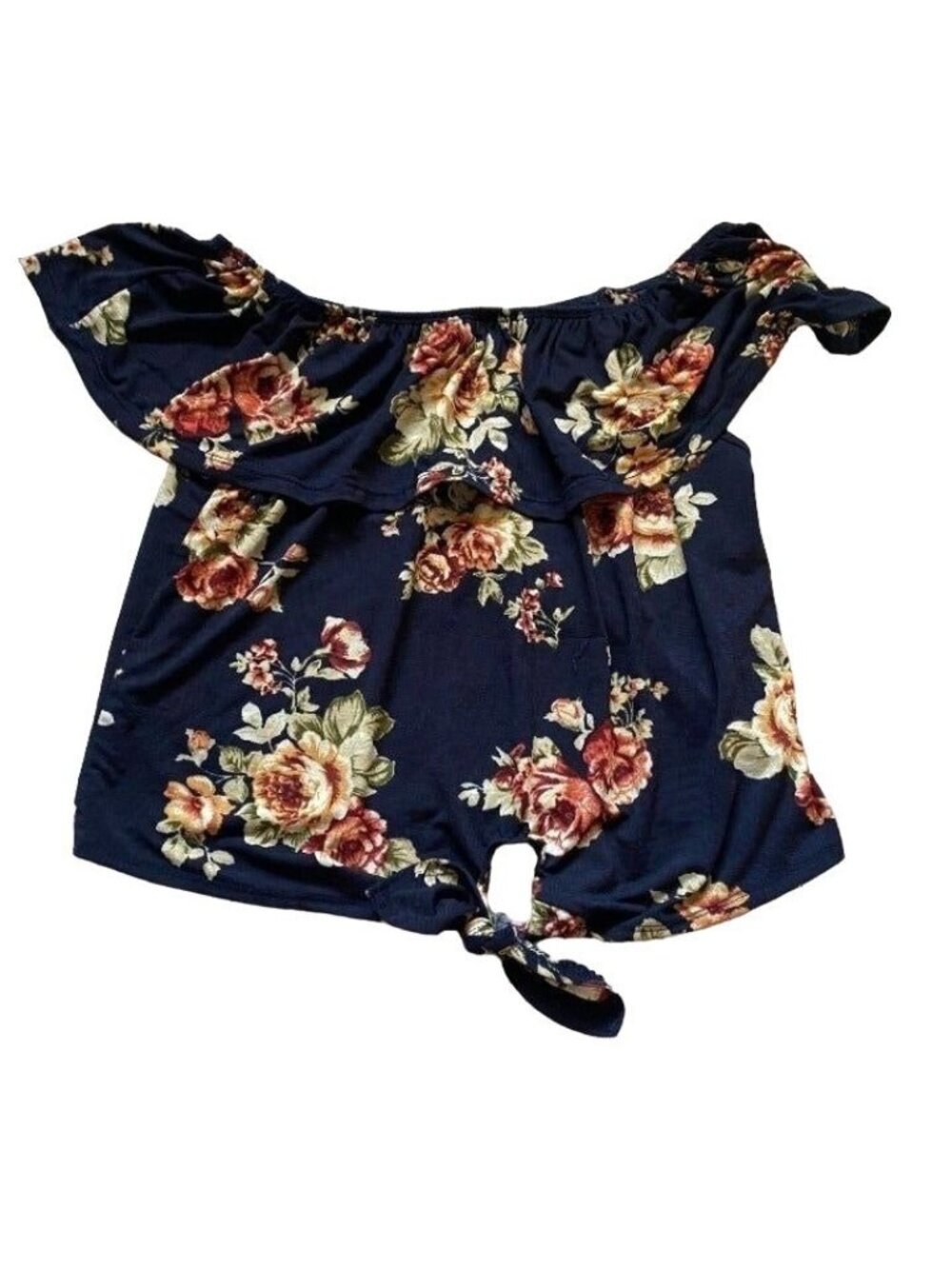 Daily Special Womens Floral, Front Tie Short Sleeve Blouse-Blue-Size Small-GUC